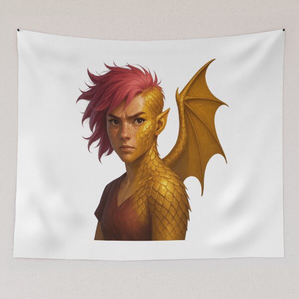 Item preview, Nimona Inspired Dragon Transformation Portrait – Pink Hair, Gold Scales & Fantasy Wing Art designed and sold by Trendiihub.