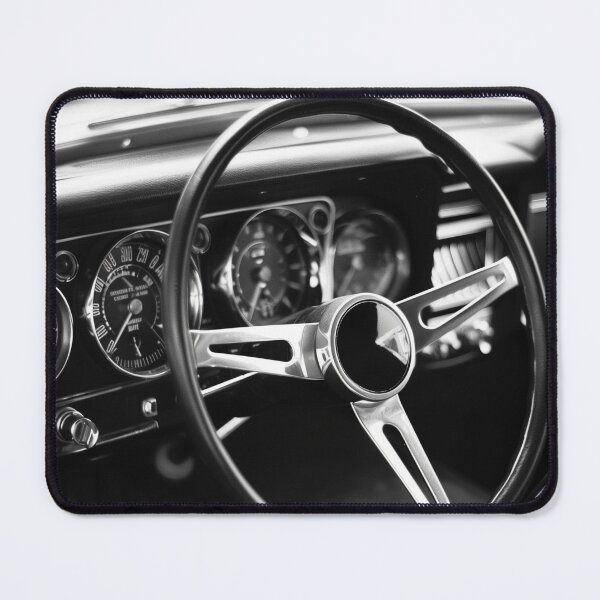Item preview, Black and White Classic Car Interior – Steering Wheel & Gauges Photo Art Print designed and sold by ArgentoArt.