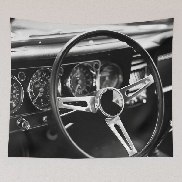 Item preview, Black and White Classic Car Interior – Steering Wheel & Gauges Photo Art Print designed and sold by ArgentoArt.