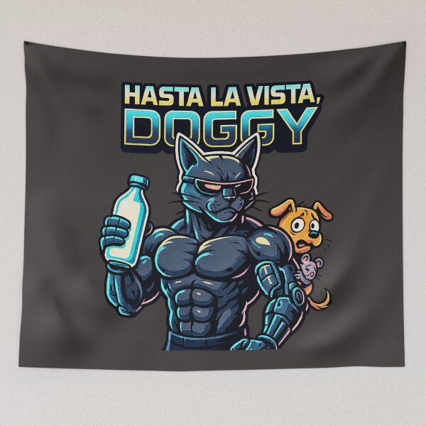 Item preview, Muscular Cyborg Cat | Hasta the Vista Doggy Funny Illustration designed and sold by All Creative Designer.