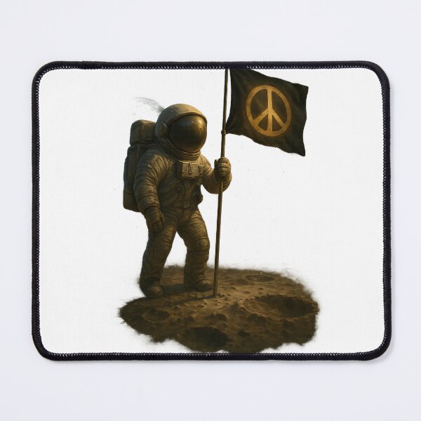 Item preview, Astronaut planting flag on moon, flag has a peace symbol, cinematic style. designed and sold by Canvations.