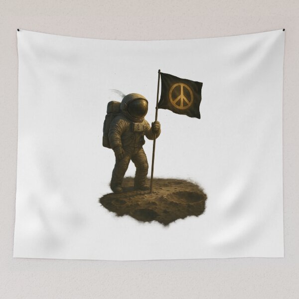 Item preview, Astronaut planting flag on moon, flag has a peace symbol, cinematic style. designed and sold by Canvations.