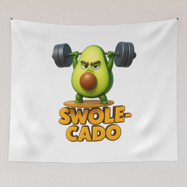 Item preview, Avocado lifting weights, text: ‘Swole-cado,’ bold cartoon style. designed and sold by Canvations.
