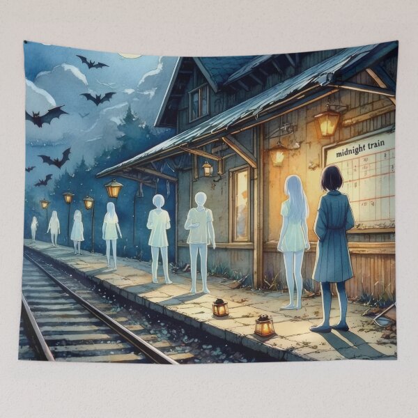 Item preview, Midnight Ghost Train – Haunted Station Halloween Art designed and sold by Ombrya.