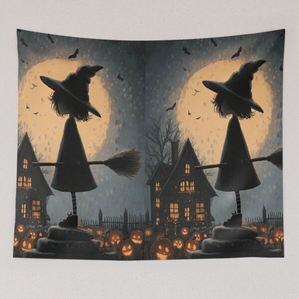 Item preview, Halloween witch flying past pumpkins and haunted ruins designed and sold by Piotrek0001.