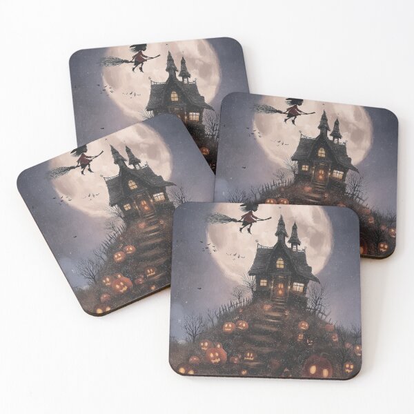 Item preview, Halloween witch flying under orange glowing midnight sky designed and sold by Piotrek0001.