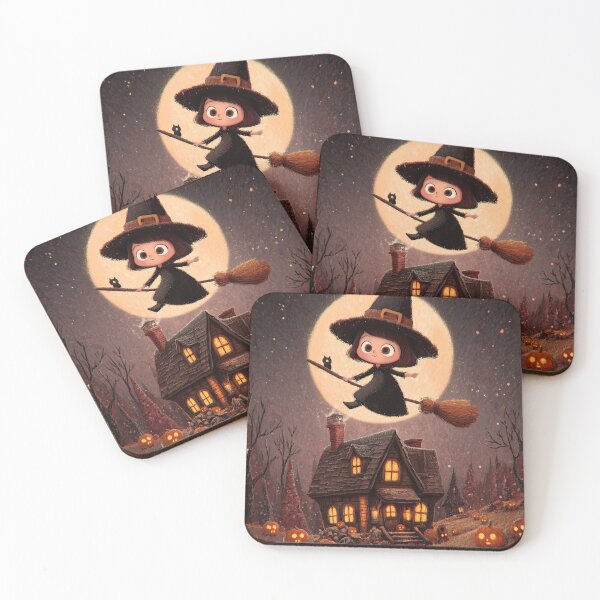 Item preview, Halloween witch flying above spooky glowing orange house designed and sold by Piotrek0001.
