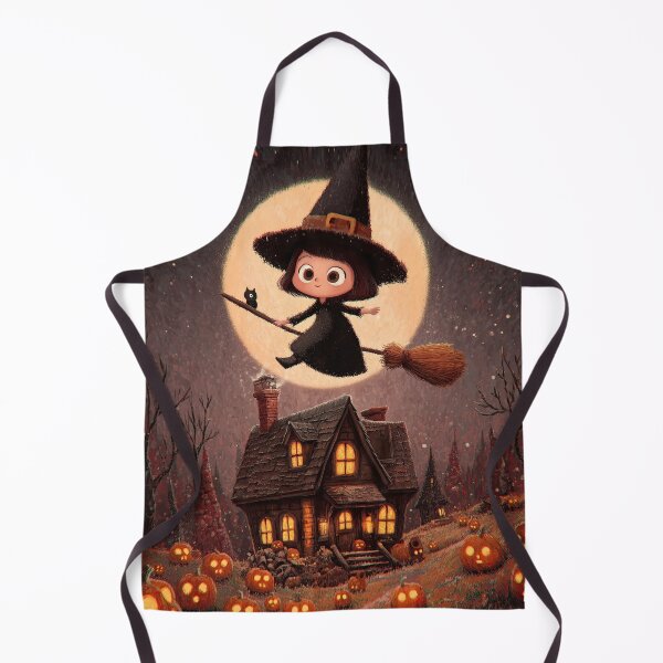 Item preview, Halloween witch flying above spooky glowing orange house designed and sold by Piotrek0001.