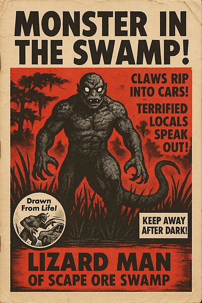 Lizard Man of Scape Ore Swamp vintage tabloid artwork