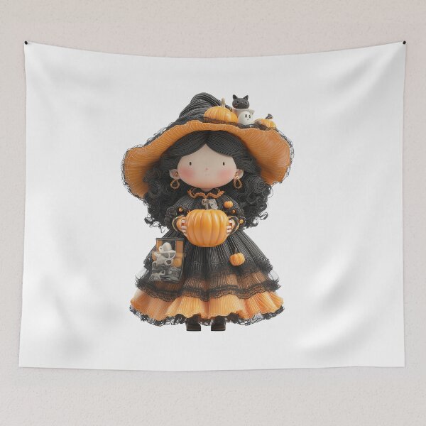 Item preview, Hekate Chibi – Cute Halloween Witch Goddess with Pumpkin and Black Cat designed and sold by GoldenChiArt.