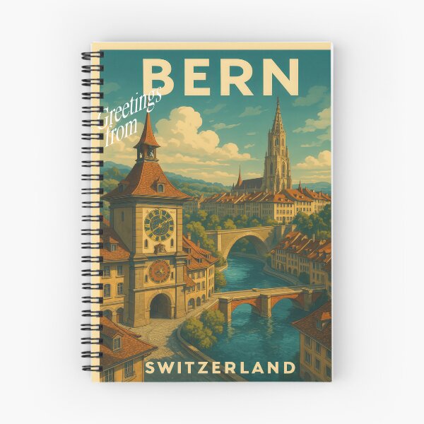 Artikelvorschau, Greetings from BERN Switzerland - Retro Colorful City View (Three Landmarks) entworfen und verkauft von Earth Celebration Designs.
