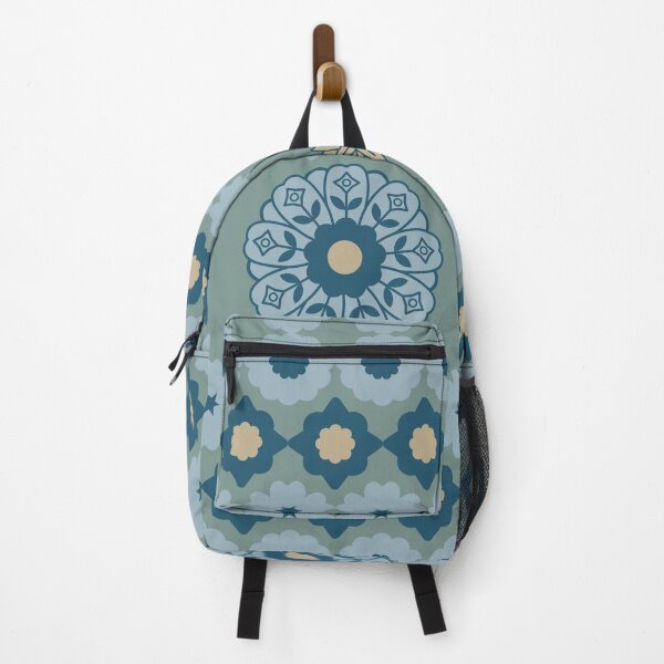 Item preview, Seamless geometric and floral pattern with stylized blue flower shapes and golden elements on a teal background designed and sold by Crispifly.