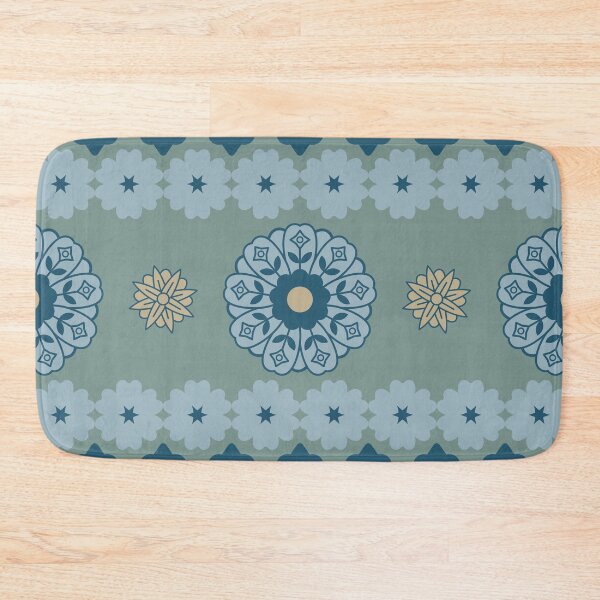 Item preview, Seamless geometric and floral pattern with stylized blue flower shapes and golden elements on a teal background designed and sold by Crispifly.