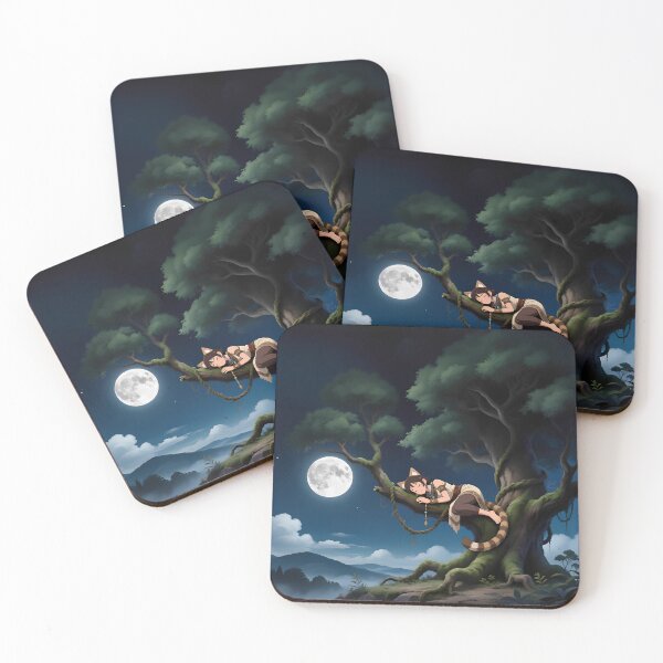 Item preview, Moonlit Catfolk Dream – Fantasy Nighttime Tree Art designed and sold by The Paper Comet.