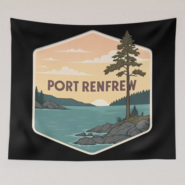 Item preview, Vintage Port Renfrew Sticker – Retro Postcard-Style Landscape with Evergreen Tree and Sunrise designed and sold by VividOrganica.