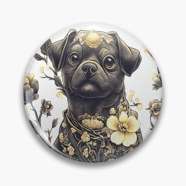 Item preview, fantasy dog, black pug with fantasy flowers designed and sold by LoneAngel.