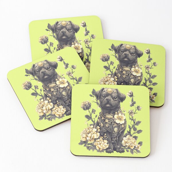 Item preview, fantasy dog, black pug with fantasy flowers designed and sold by LoneAngel.