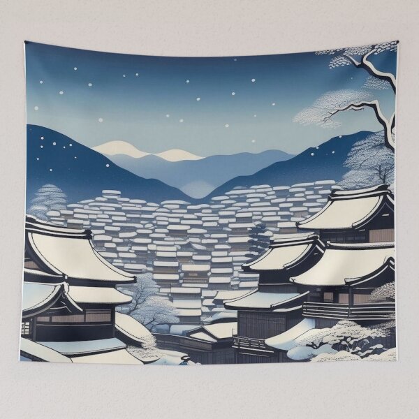 Aperçu de l'œuvre Chute de neige sur Edo – Estampe japonaise Ukiyo-e de paysage hivernal créée et vendue par Vandy Fullam.