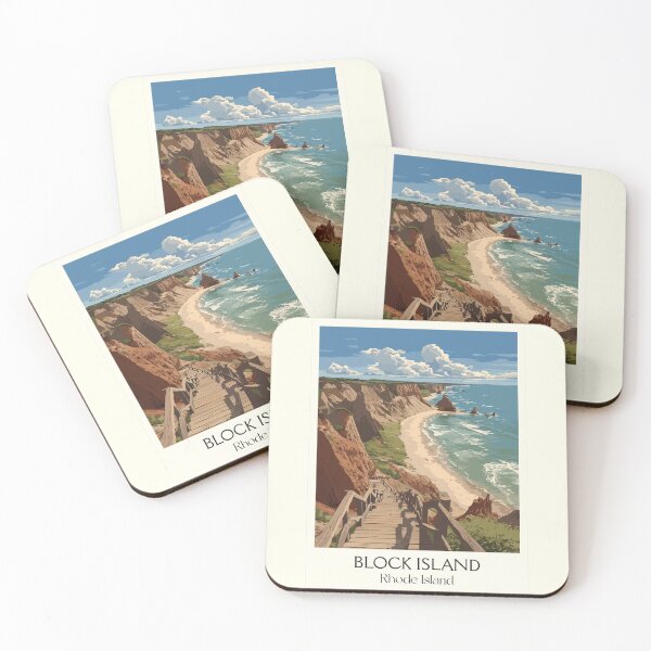 Item preview, Block Island Rhode Island Retro Travel Art | Mohegan Bluffs Coastal View Illustration designed and sold by TuncGK.