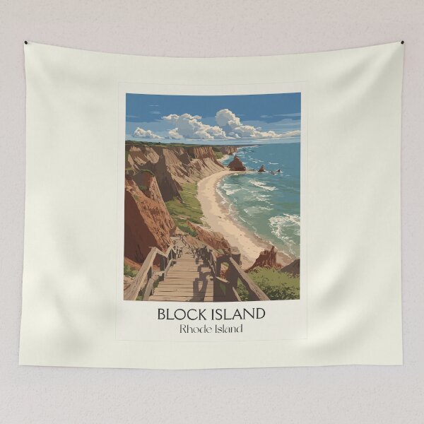 Item preview, Block Island Rhode Island Retro Travel Art | Mohegan Bluffs Coastal View Illustration designed and sold by TuncGK.