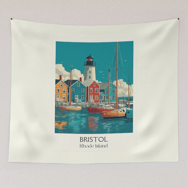 Item preview, Bristol Rhode Island Vintage Travel Design | Quaint Harbor and Sailboats Art designed and sold by TuncGK.