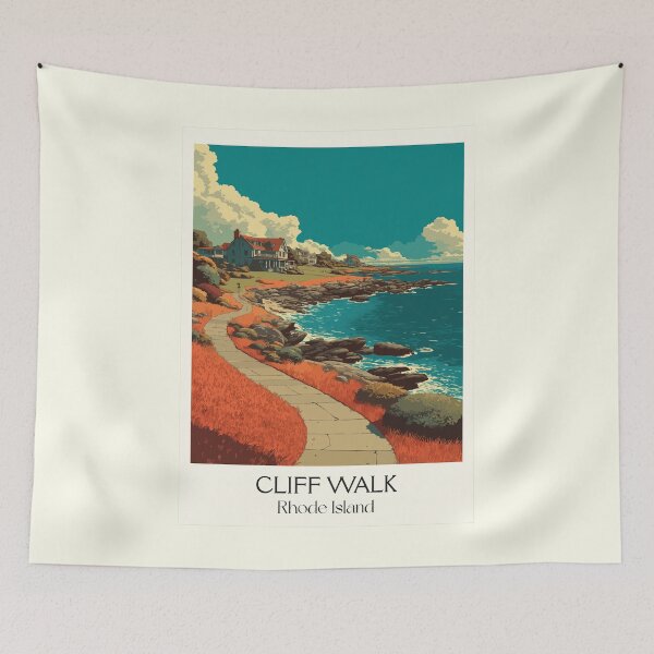Item preview, Cliff Walk Newport Rhode Island Vintage Travel Art | Coastal Path and Mansions Illustration designed and sold by TuncGK.