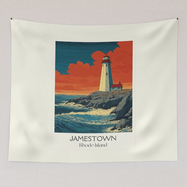 Item preview, Jamestown Rhode Island Vintage Travel Design | Beavertail Lighthouse Art designed and sold by TuncGK.