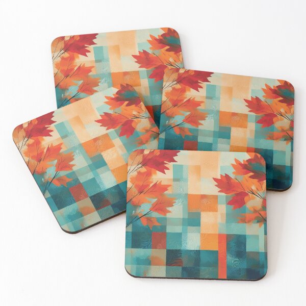 Item preview, Teal and burnt orange Fall season minimalist maple leaves trees, plaid pattern, checkered tablecloth, complementary orange and blue maple leaf watercolour painting, vintage autumn theme designed and sold by navitalidesign.