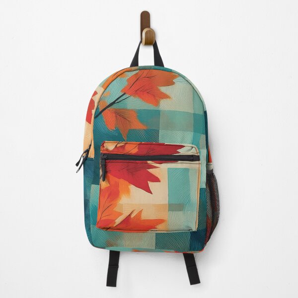 Item preview, Teal and burnt orange Fall season minimalist maple leaves trees, plaid pattern, checkered tablecloth, complementary orange and blue maple leaf watercolour painting, vintage autumn theme designed and sold by navitalidesign.