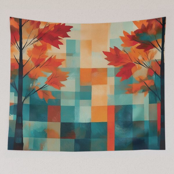 Item preview, Teal and burnt orange Fall season minimalist maple leaves trees, plaid pattern, checkered tablecloth, complementary orange and blue maple leaf watercolour painting, vintage autumn theme designed and sold by navitalidesign.