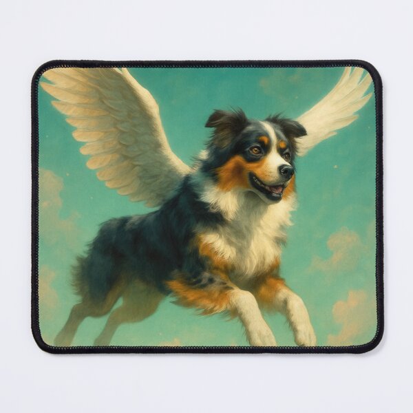 Item preview, Surreal Australian Shepherd Flying Fantasy Poster designed and sold by Flying Doggo.