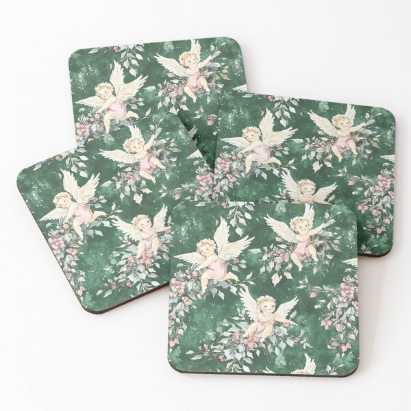 Item preview, Green Pink Winter Christmas Cherubs All Over designed and sold by Feeling Artsy.