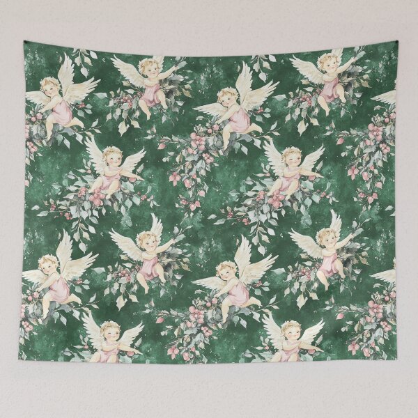 Item preview, Green Pink Winter Christmas Cherubs All Over designed and sold by Feeling Artsy.