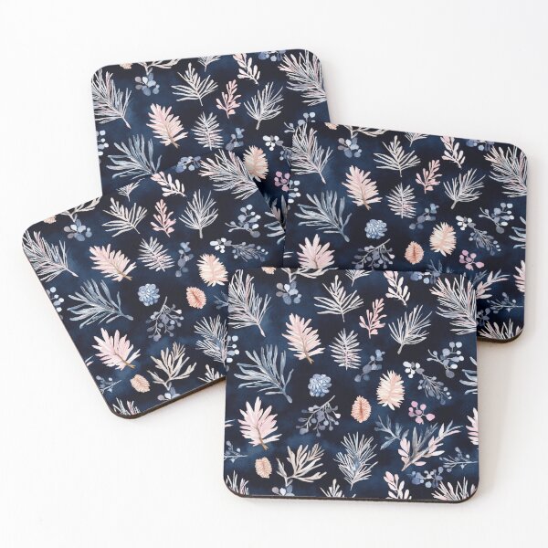 Item preview, Blue Pink Winter Leaves Pine Needles Trees All Over designed and sold by Feeling Artsy.