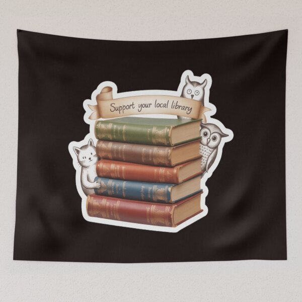 Item preview, Support Your Local Library Books Reading Librarian Owl Cat Animals designed and sold by sadedream.