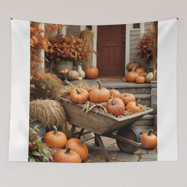 Item preview, Festive Fall Porch with Pumpkins, Cornstalks & Autumn Foliage designed and sold by Jade Ado.