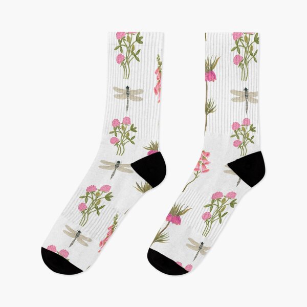 Item preview, Seamless delicate watercolor pattern with pink flowers of clover, bells and dragonflies on a white background. Hand drawn pattern. designed and sold by Grin Katalina Floral Patterns & Cozy Art.