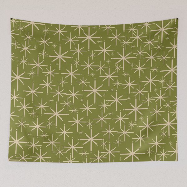 Item preview, Retro Atomic Twinkling Starburst Pattern in Midcentury Modern Olive Green and Beige designed and sold by kierkegaard.