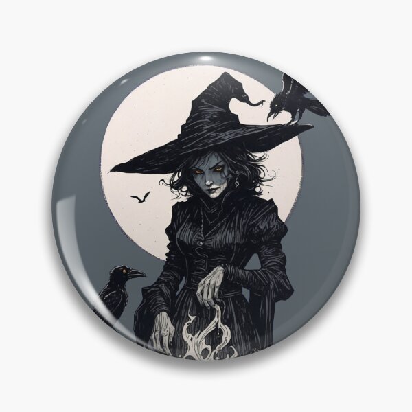 Item preview, Moonlit Witch and Ravens at the Cauldron – Gothic Ink Spellcraft Illustration designed and sold by Victor Shadehorn.