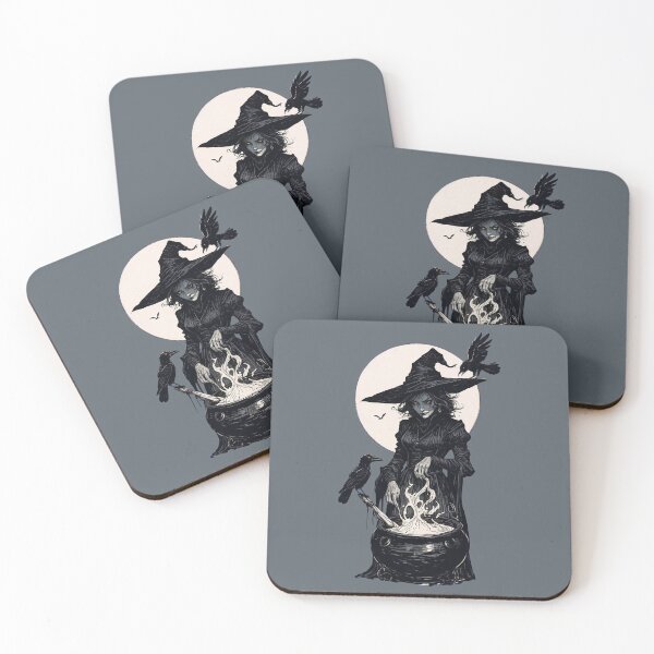 Item preview, Moonlit Witch and Ravens at the Cauldron – Gothic Ink Spellcraft Illustration designed and sold by Victor Shadehorn.