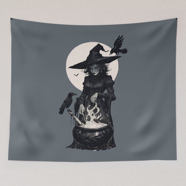 Item preview, Moonlit Witch and Ravens at the Cauldron – Gothic Ink Spellcraft Illustration designed and sold by Victor Shadehorn.