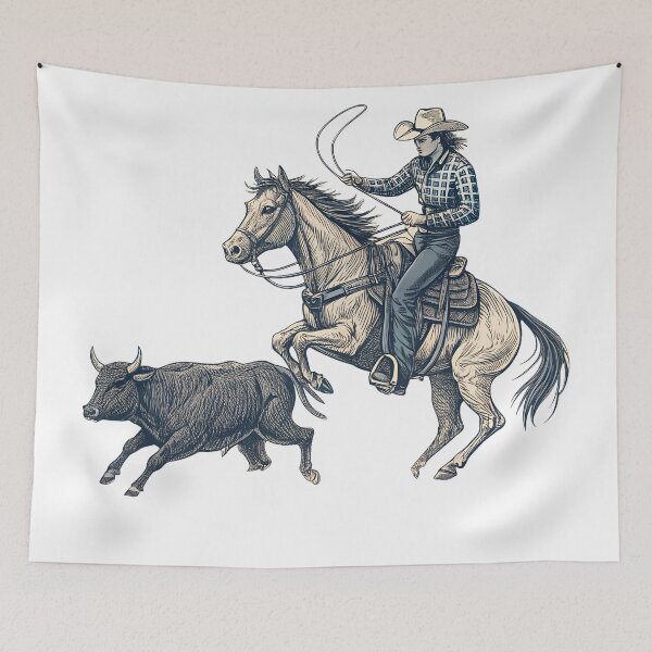 Item preview, Cutting Horse Rodeo – Dynamic Western Line Art Cowboy & Steer Design designed and sold by VividOrganica.