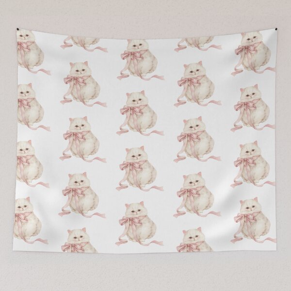Item preview, white cat wearing pink bow designed and sold by viviofthevalley.