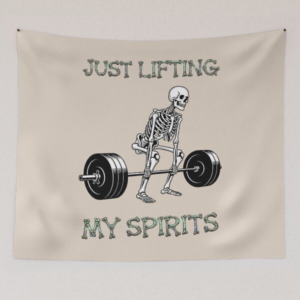 Item preview, Dead Serious Lifter: A simple and iconic design. A skeleton weightlifter is the star, with the powerful words "Lifting My Spirits" written below in a strong font. designed and sold by Grang Art Artistic Designs.