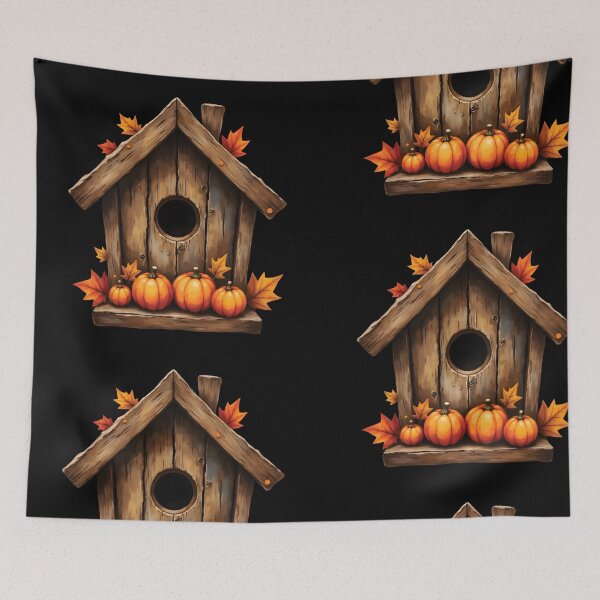 Item preview, Rustic Birdhouse with Pumpkins – Cozy Autumn Illustration designed and sold by mybunnyparadise.