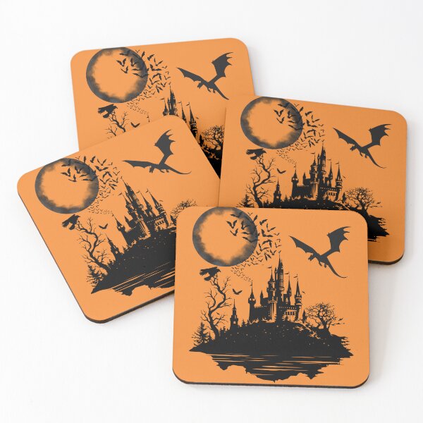 Item preview, a terrifying castle on a hill, a scary moon, a dragon and a swarm of bats designed and sold by DżodżoJoy.