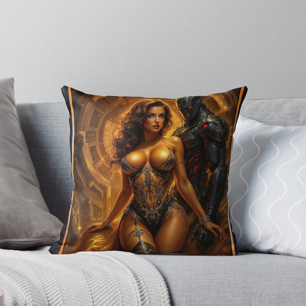 Portrait Of Melatori and Her Melatoid Guardian Mesmerizing AI Concept Art by Xzendor7 Decorative Art Print Throw Pillow