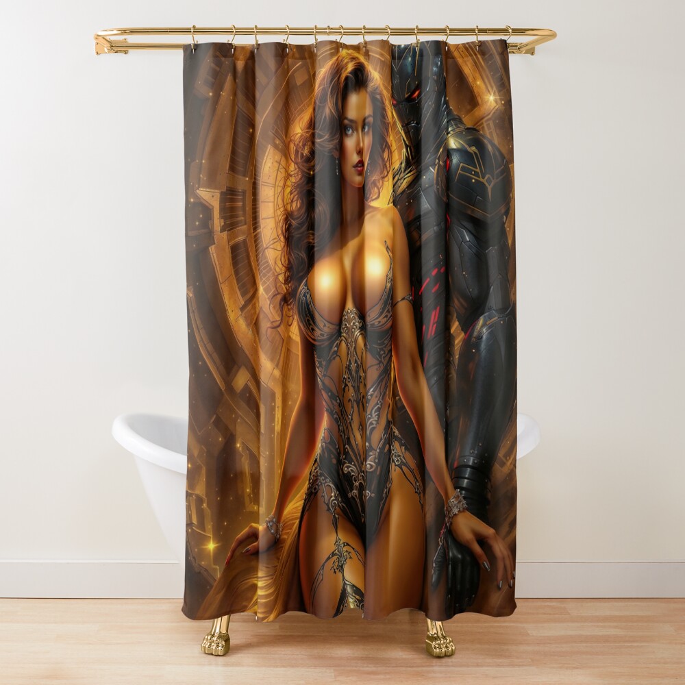 Portrait Of Melatori and Her Melatoid Guardian Mesmerizing AI Concept Art by Xzendor7 Decorative Art Print Shower Curtain