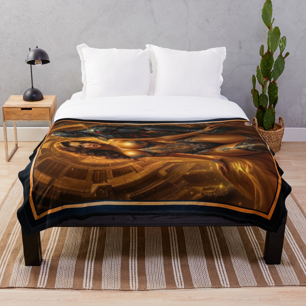 Portrait Of Melatori and Her Melatoid Guardian Mesmerizing AI Concept Art by Xzendor7 Decorative Art Print Throw Blanket