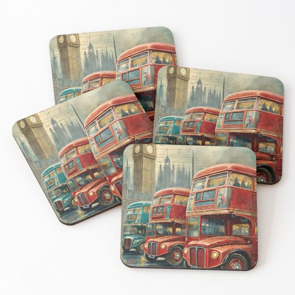 Item preview, A Vintage travel poster of Iconic London Red Buses in the Rainy Streets designed and sold by Artessie.